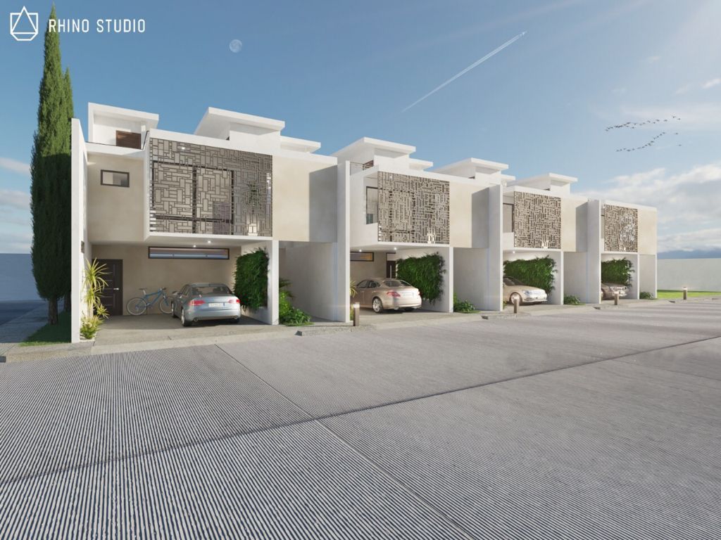 Render de Villas Bellavista: cuatro casas de dos niveles con celosías en fachada