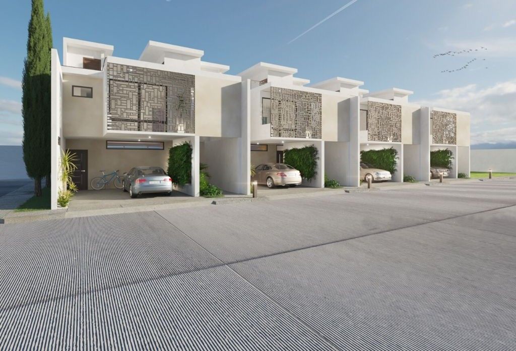 Render de Villas Bellavista: cuatro casas de dos niveles con celosías en fachada