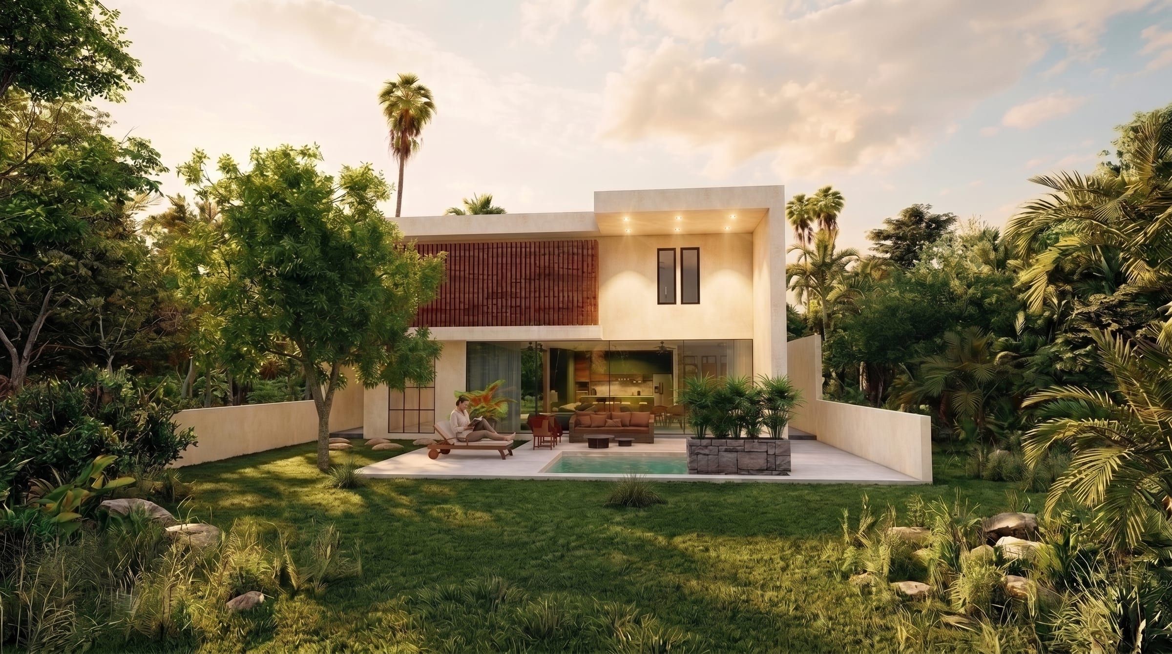 Render del Proyecto 1: fachada posterior con celosía de madera, terraza, alberca y jardín