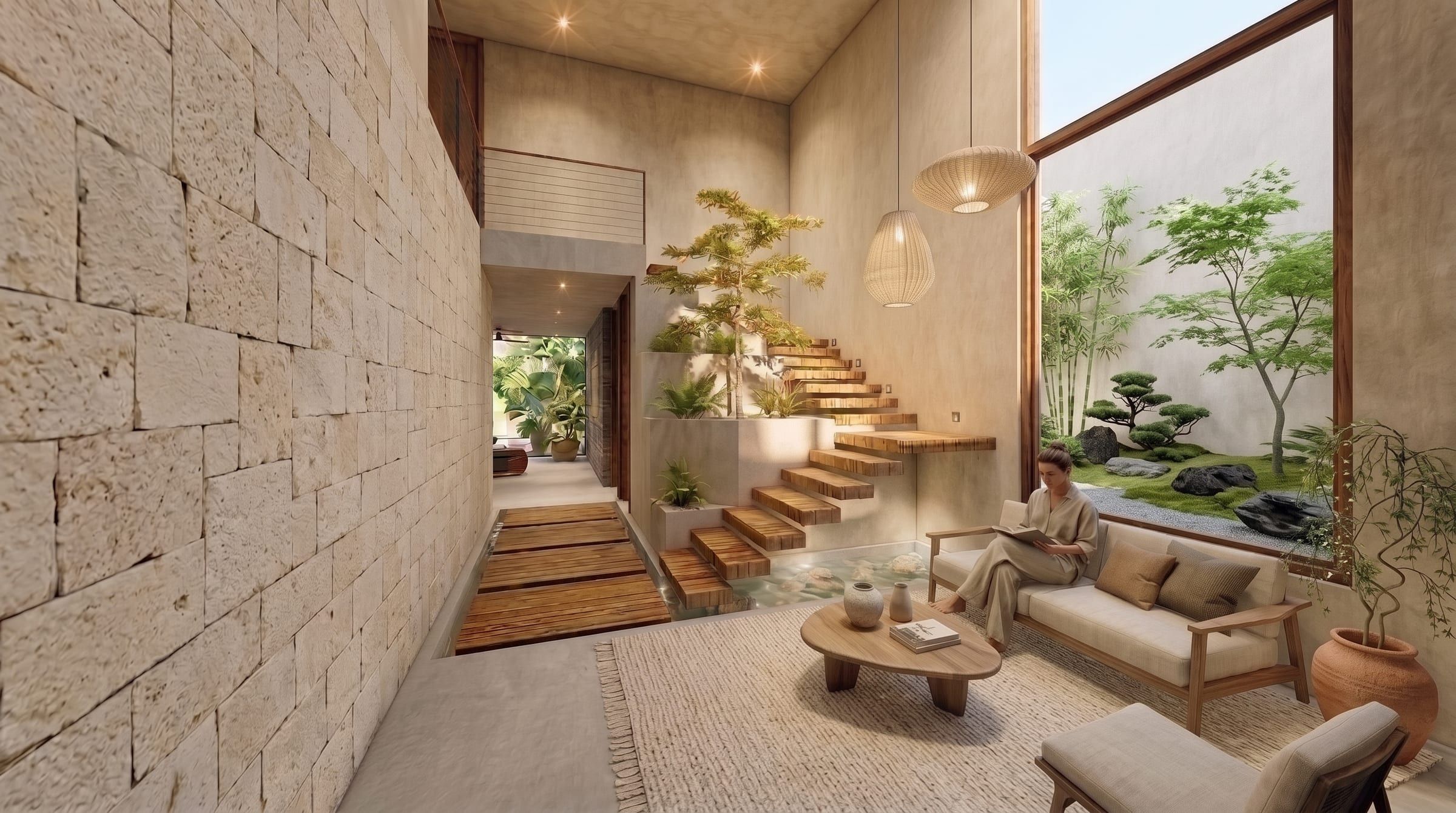 Render del Proyecto 1: estancia a doble altura con muro de piedra y escalera de madera