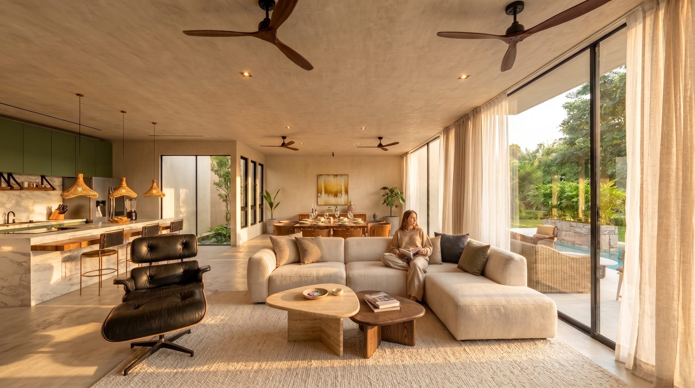 Sala con ventanales al jardín y ventiladores de techo