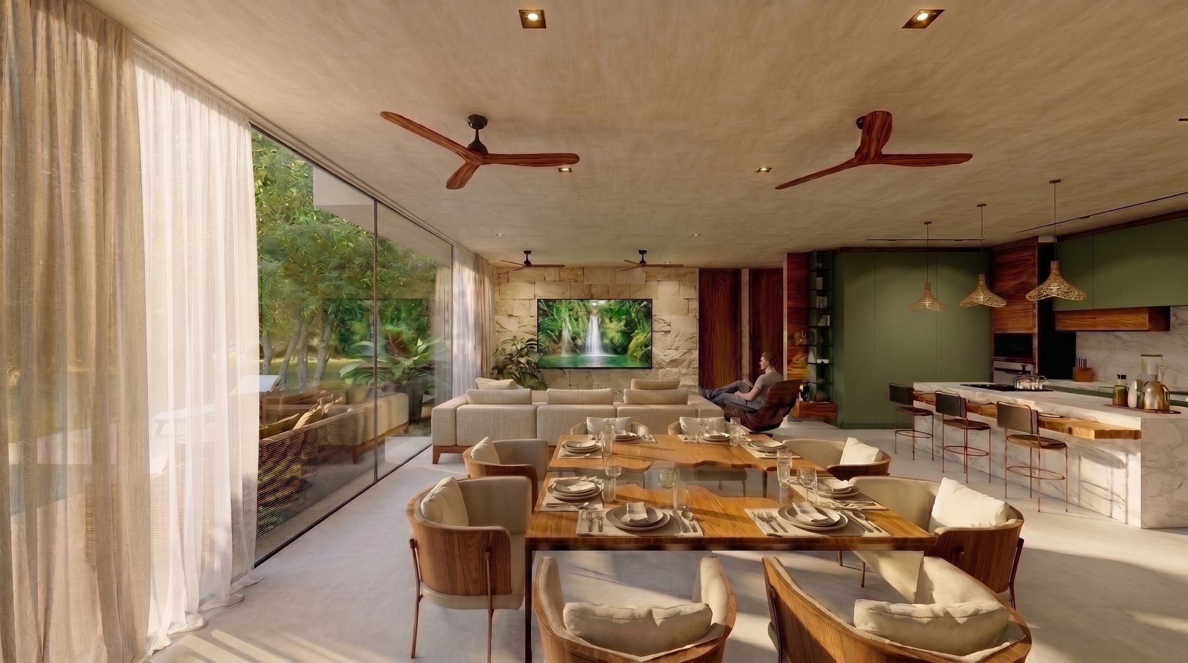 Comedor junto a la cocina, con cortinas y ventanales