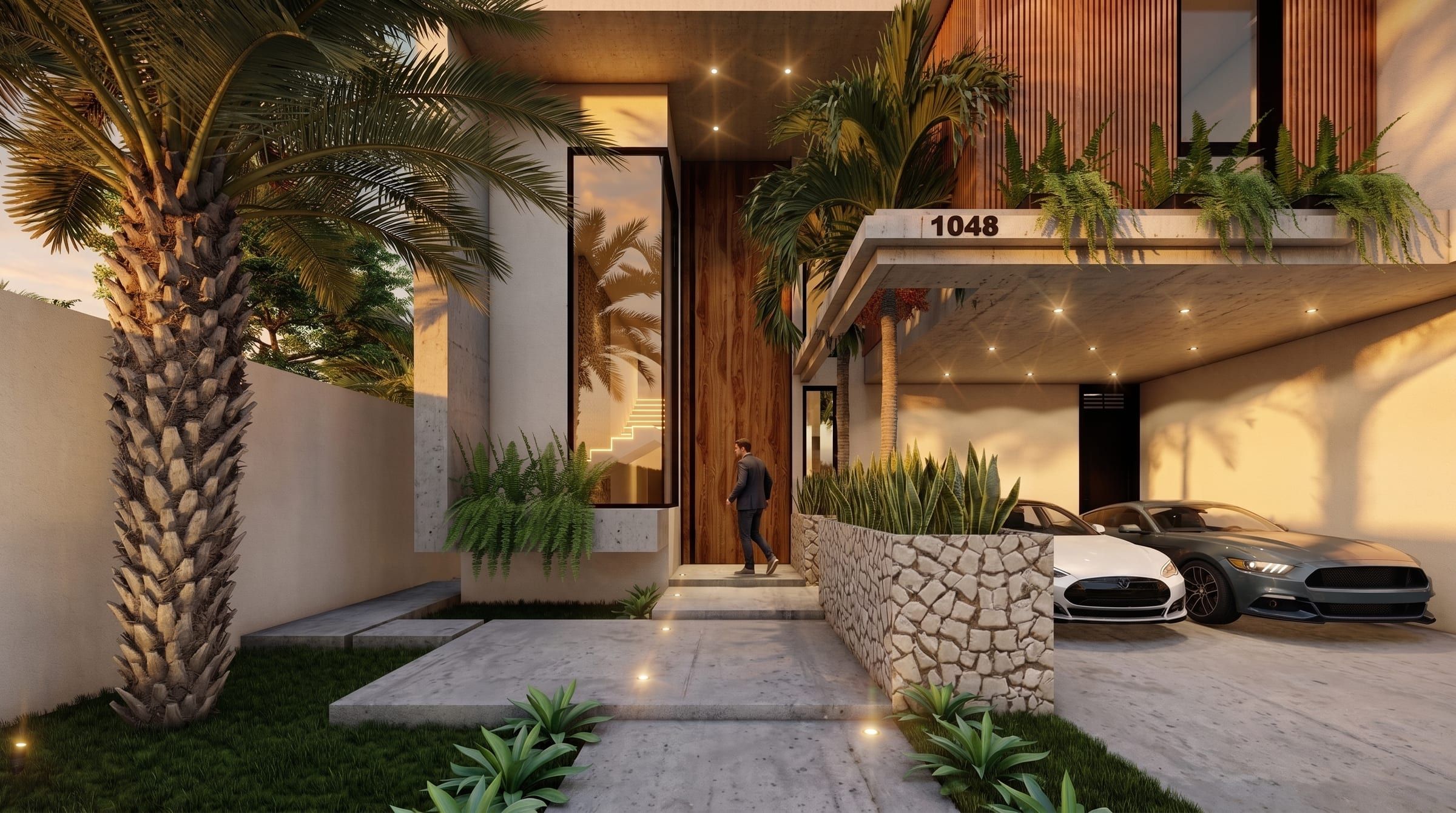 Render del Proyecto 2: acceso con palmera, madera y jardinera de piedra, de noche