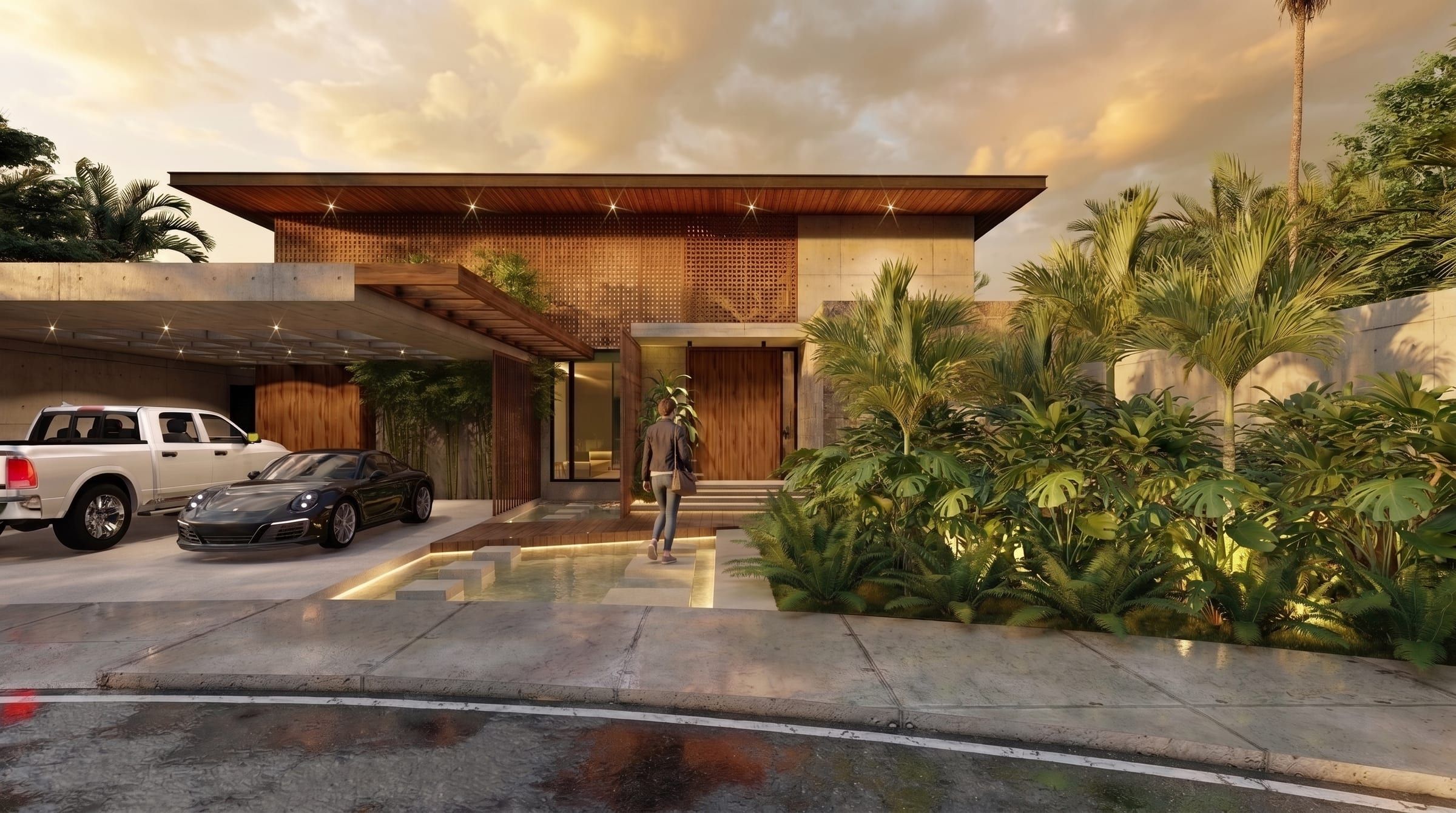 Render del Proyecto 3: alero horizontal largo sobre el acceso y la cochera