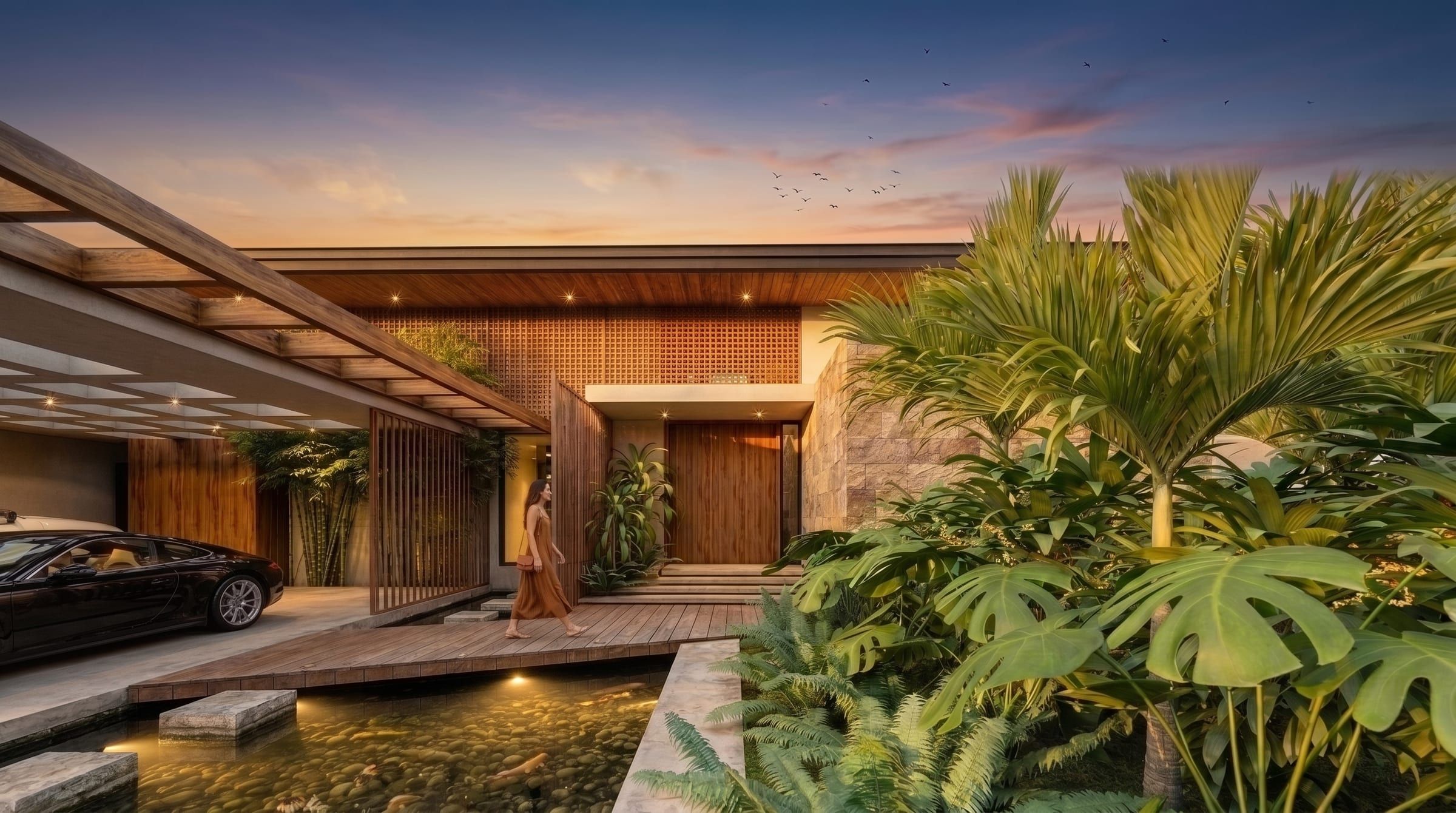 Render del Proyecto 3: pórtico al atardecer con espejo de agua y vegetación