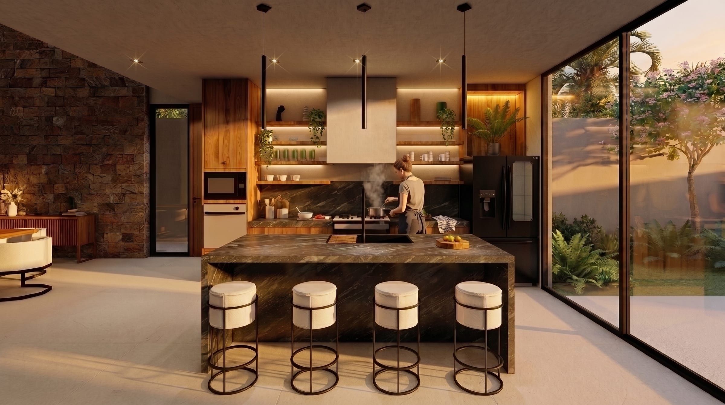Cocina con isla y cuatro bancos