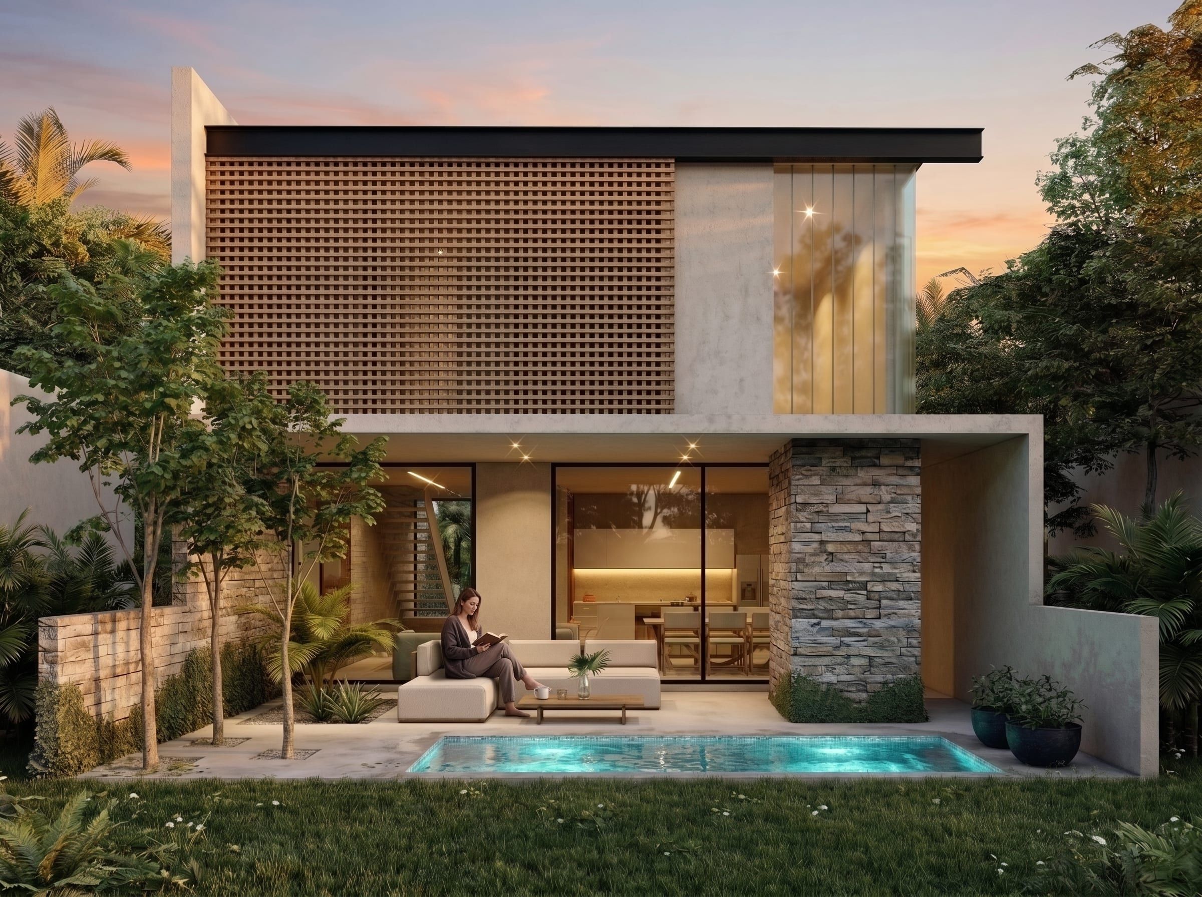 Render del Proyecto 4: fachada posterior con celosía, muro de piedra y alberca