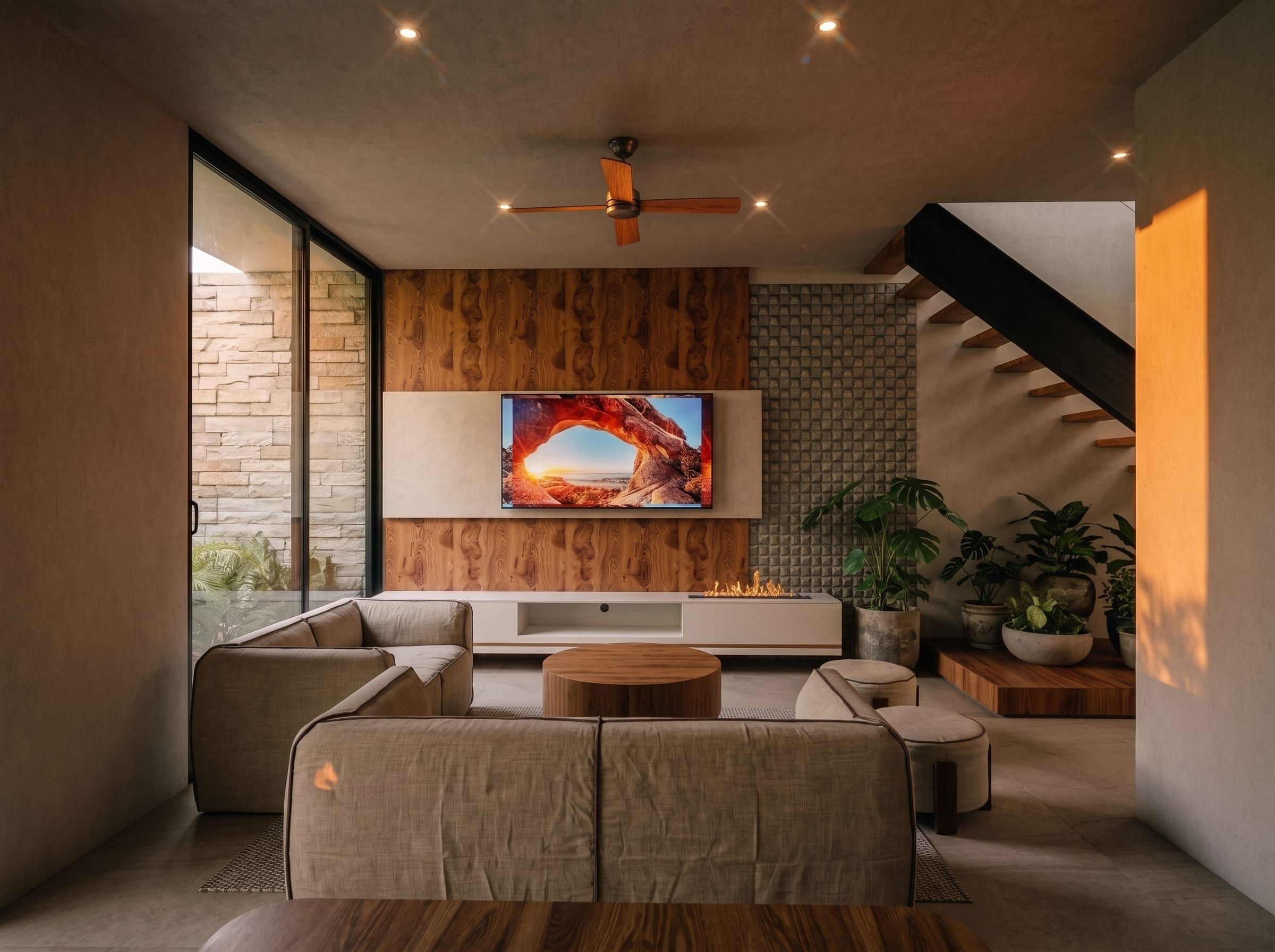 Sala con muro de madera