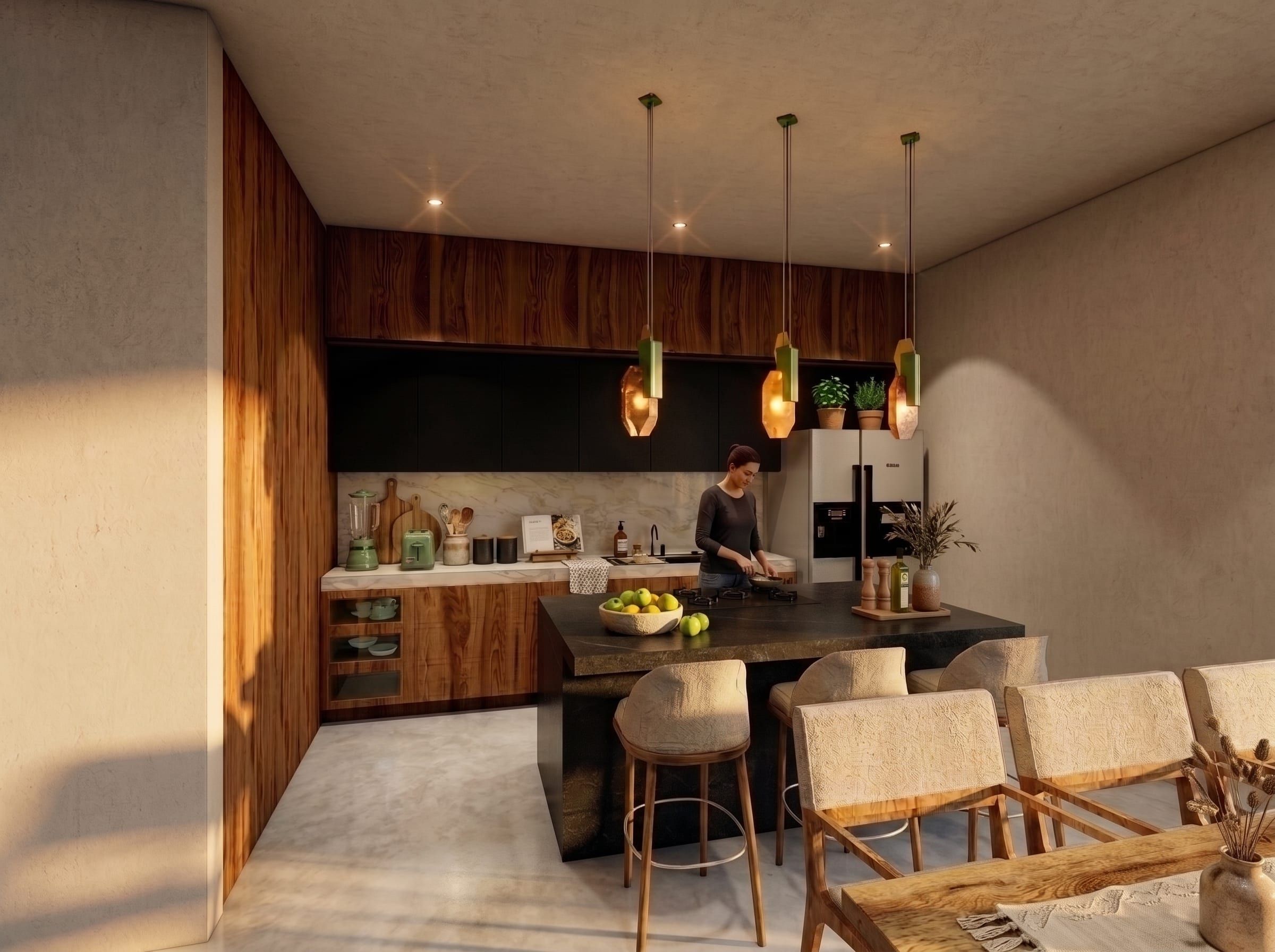Cocina con isla y muro de madera