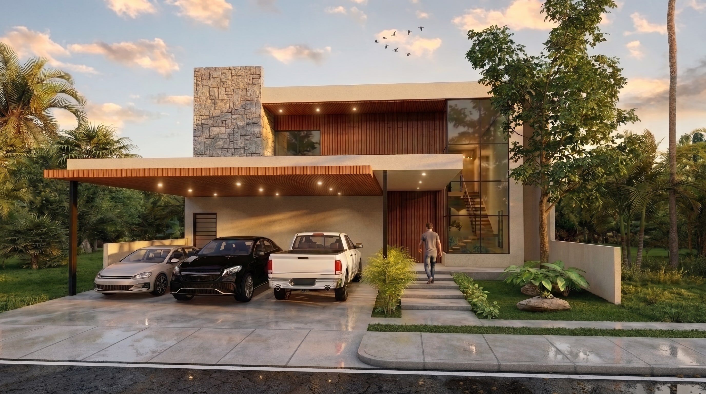Render de una casa de Rhino Studio: fachada con cochera techada, muro de piedra y vegetación al atardecer