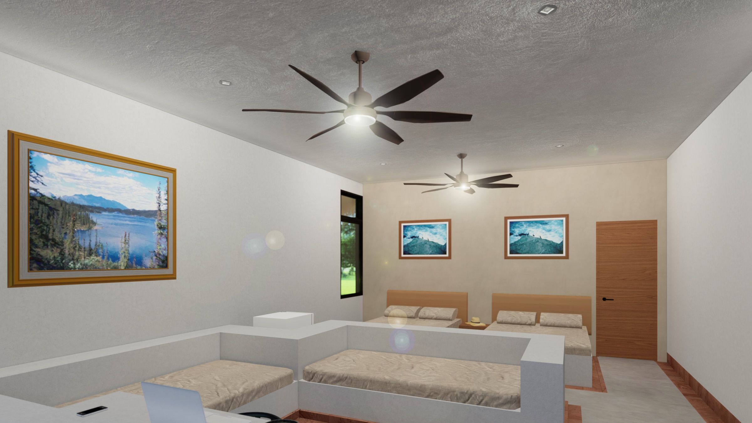 Render interior de una recámara con techo texturizado, ventiladores y ventana al jardín